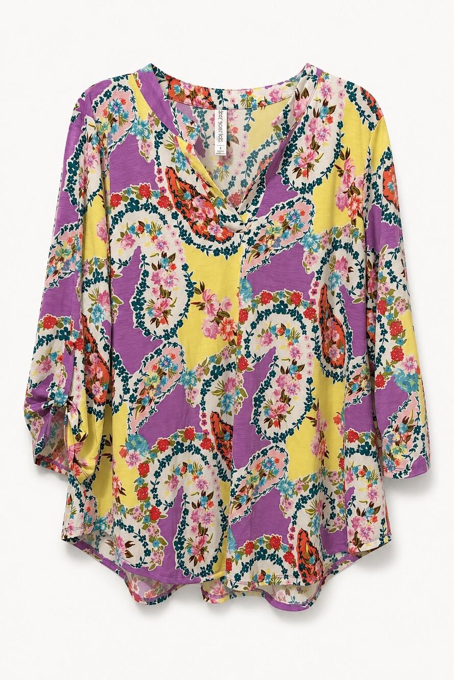 Dear Scarlett Lizzy Top L Floral Paisley Roll Tab High Low Stretch Blouse